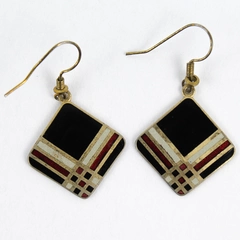 Vintage Diamond Shape Black Enamel Brass Gold Tone Dangle Earrings 1980s