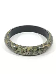 Vintage Lacquer Bangle Bracelet Green Gold Floral Pattern