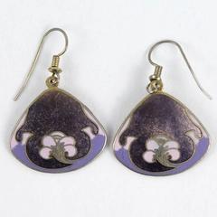 Vintage Lavender And Silver Tone Cloisonne Triangle Dangle Earrings Floral