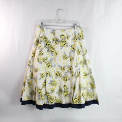 Chadwick's White Yellow Navy Floral Pattern Pleated Midi Skirt Women's Size 12