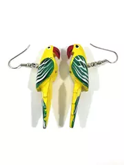 Wood And Enamel 3D Parrot Dangle Earrings Yellow and Green