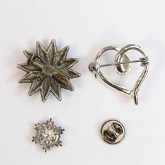 Lot of 3 Vintage Brooches Heart Star Snowflake Rhinestones Metal Flaws
