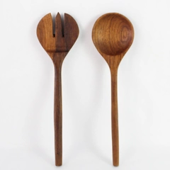 Set of 2 Medium Brown Wooden Salad Serving Utensils Fork and Spoon