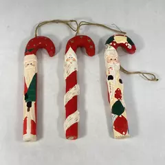 Lot Of 3 Vintage Hand Painted Wooden Santa Candy Cane Hanging Tree Ornaments  