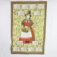Vintage Welsh Tea Towel Printed Autumn Pilgrim Girl & Daffodils 18" x 27.5"