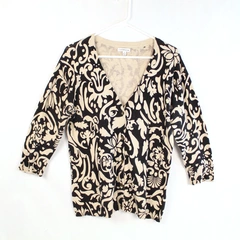 Crofts & Barrow Cardigan Sweater Women's Size M Beige Black Button Up 3/4 Sleeve