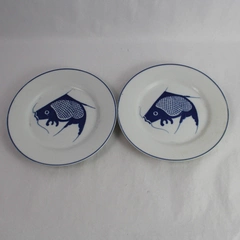 Set of 2 Unbranded Chinese Made Porcelain Blue White Catfish 10" Diameter Plates