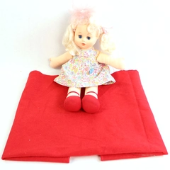 Vintage Push Baby Doll with Red Fleece Blanket Blonde Hair Blinking Eyes