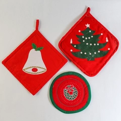 Lot of 3 Red Quilted Christmas Pot Holders Hot Pads with Bell & Tree