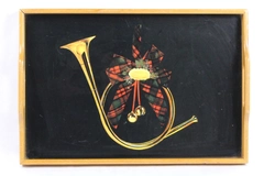 Vintage Made In Taiwan Wood Handles Serving Tray Christmas Trumpet Lacquer