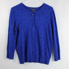 Cable & Gauge Cardigan Button Up Sweater Women's Size M Blue Black Polka Dots