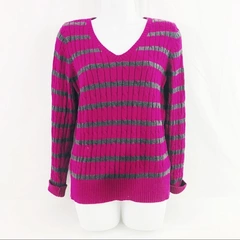 St John's Bay Sweater Women's Size Medium Pink Gray V-Neck Pullover Striped