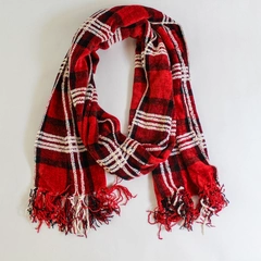 Plaid Red Black White Knit Scarf Wrap Shawl with Fringe Pre-Owned 61" Long