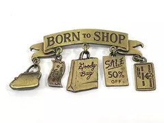Vintage JJ Jonette Born to Shop Bronze Charm Brooch Pin Jewelry 1.5"
