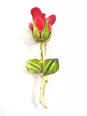 Vintage Enamel Red Rose Brooch Pin Back Gold Tone Green Leaves 3 Inches Long