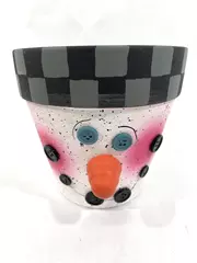 Terracotta Snowman Planter with Button Face & Checkered Hat 7" Diameter