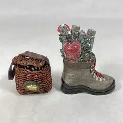 Hiking Boot And Fishing Creel Basket Christmas Ornaments