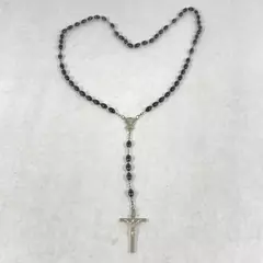 Black Glass Bead Rosary With Silver Tone Cross Italy 17.5 Inch