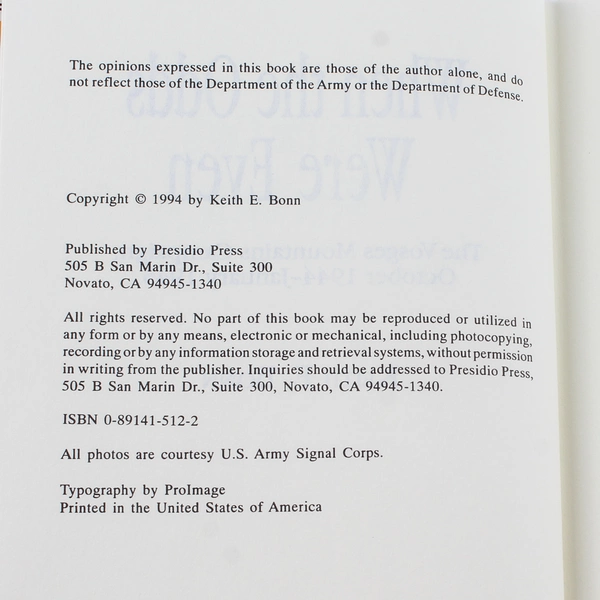 When the Odds Were Even The Vosges Mountains Campaign Keith E Bonn 1994 HC