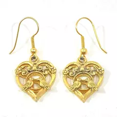 Vintage Gold Tone Earrings Hearts With Birds And Flowers 