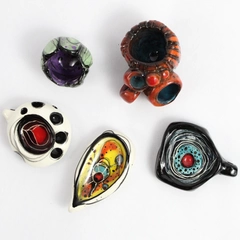 Set of 5 Signed Handmade Multicolor Abstract Design Ceramic Pendants