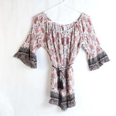 American Rag Cie Floral Boho Romper M Pink Black 3/4 Sleeves Tassels