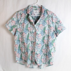 28 Palms Women's Hawaiian Shirt L Blue Pink Floral Short Sleeve Top