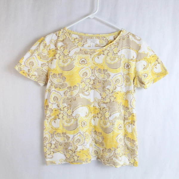 Charter Club Women's Luxury Top Shirt Size M Yellow White Paisley Short Sleeve