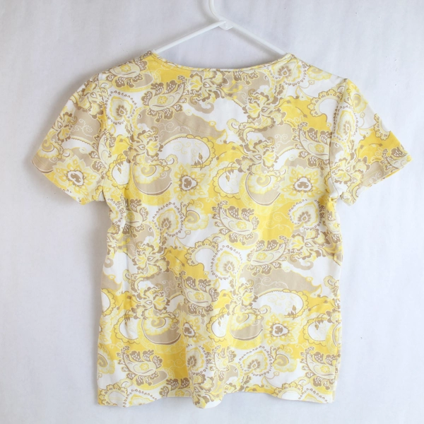 Charter Club Women's Luxury Top Shirt Size M Yellow White Paisley Short Sleeve