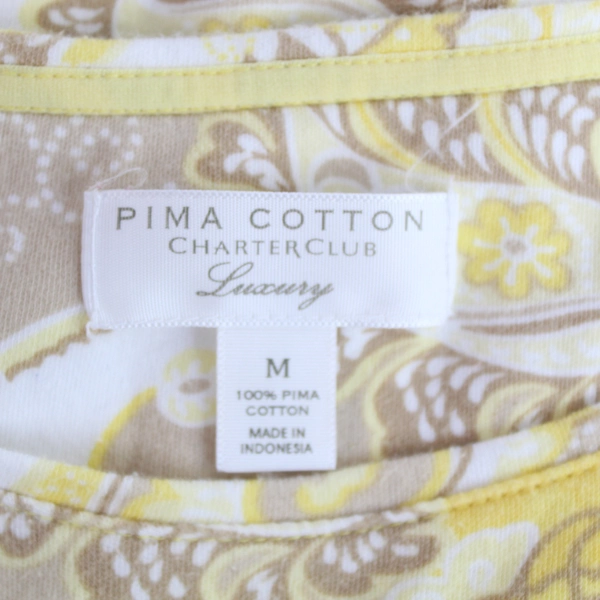 Charter Club Women's Luxury Top Shirt Size M Yellow White Paisley Short Sleeve