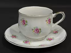 FTD Extra Touch Vintage Porcelain Cup & Saucer Set White Pink Roses Gold Trim
