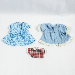 Vintage Handmade Doll Clothes Lot of 3 Blue Floral & Red Plaid Dresses