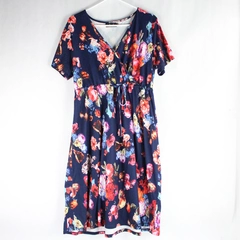 Amzplus Navy Floral Patterned Midi Dress Women's Size XL