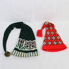 Lot of 2 Winter Longtail Pom Pom Hats Green Red White Knit Crochet Warm