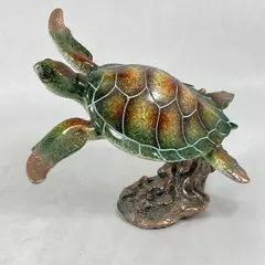 Ceramic Swimming Sea Turtle Figurine On a Bronze Coral Base