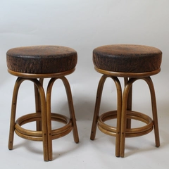 Pair of Embossed Leather Suede Rattan Specialties Counter Barstool Stool