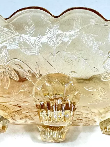 Vintage Jeanette Glass Louisa Florigold Iridescent 4 Toed Candy Dish