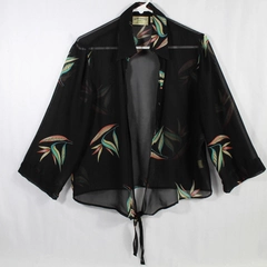 Hibiscus Hawaii Sheer Black Cardigan Blouse Women's L Floral Souvenir