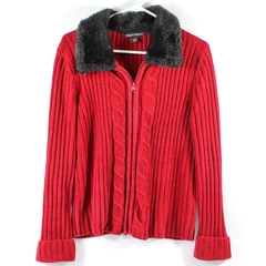 Designers Originals Women's Size S Red Black Faux Fur Zip Cardigan Sweater
