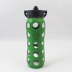 Life Factory 14 oz Glass Water Bottle with Green Silicone Sleeve & Straw Cap