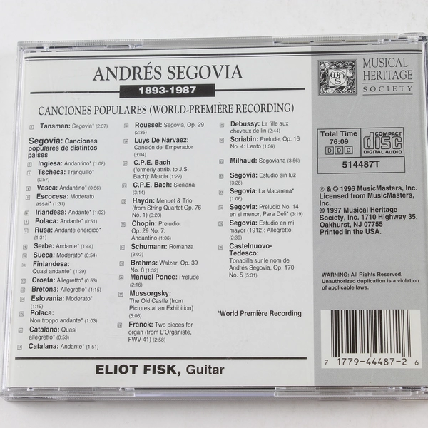 Segovia Canciones Populares CD Eliot Fisk World Premiere 1997 Good Condition