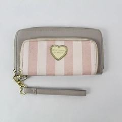Betsey Johnson Gray Pink Striped Heart Leather Clutch Wristlet Zipper Wallet