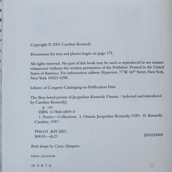 The Best-Loved Poems of Jacqueline Kennedy Onassis by Caroline Kennedy 2001 HC