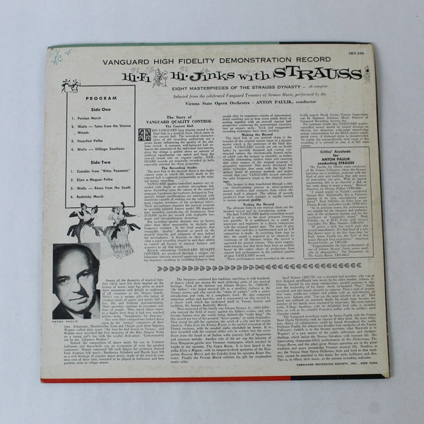 Anton Paulik Hi Fi Hi-Jinks With Strauss Vanguard Vinyl Record 12 in 33 RPM