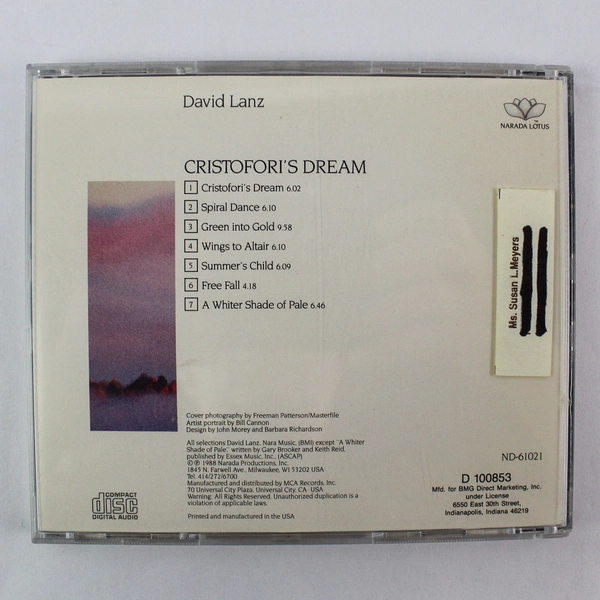 David Lanz Cristofori's Dream CD 1988 Narada Lotus ND 61021 Smooth Jazz