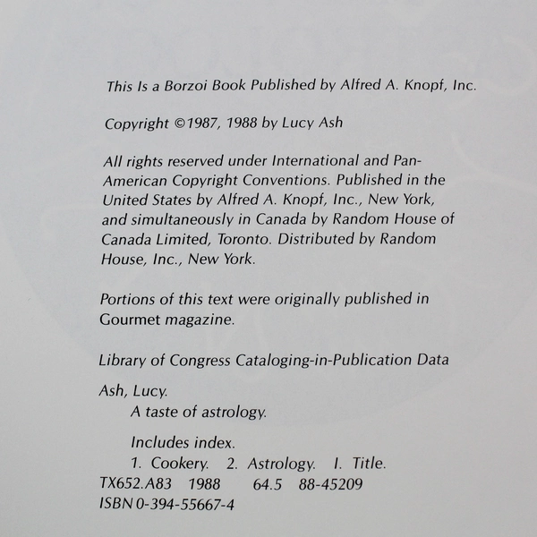 A Taste of Astrology A Cookbook by Lucy Ash 1988 Knopf Hardcover Dust Jacket