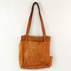 Brown Pattern Leather with Floral Fabric Lining Tote Bag Purse