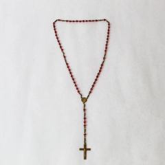 Antique Rosary Red Plastic Beads With Antique Brass Color Cross