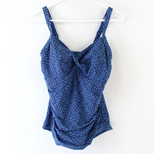 L.L. Bean Blue Patterned Swim Suit Top with Bra Pads Women's Size 12 Regular