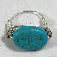 Handmade Turquoise Nugget And Silver-Toned Wire Ring Size 6